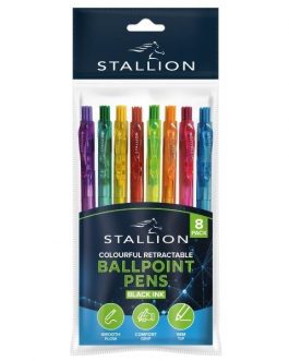 Colourful Retractable Ballpoint Pens 8pk, Black Ink