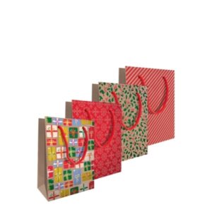 Youngland® Festive Kraft Gift Bag – Small  | 4 Assorted Festive Designs with Red Rope Handles