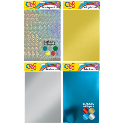 Youngland® A4 Craft Card Collection – Pack of 4 – Holographic, Gold, Silver & Mirror