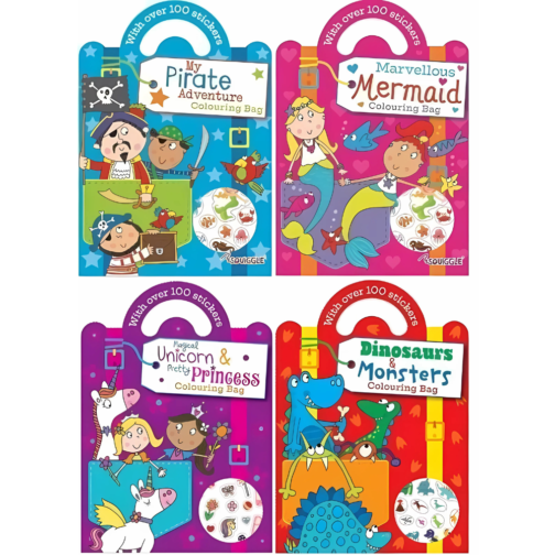 Youngland® Colouring & Sticker Bag Books Pack of 4 – Monster, Unicorn, Mermaid, Pirate