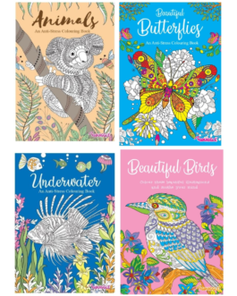 Youngland® Anti-Stress Colouring Books Pack of 4 – Butterflies, Birds, Animals & Underwater