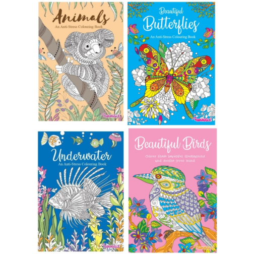 Youngland® Anti-Stress Colouring Books Pack of 4 – Butterflies, Birds, Animals & Underwater